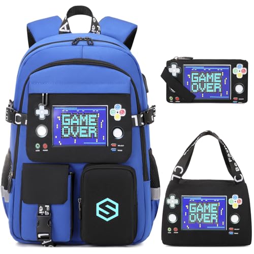 Scothen Boys Backpack, Cool Luminous School Backpacks for Boys with Lunch Bag Pencil Case, Kids Backpack Kindergarten Elementary Middle School Book Bags for Teen Boy Children with USB Charging Port - color: Black-blue