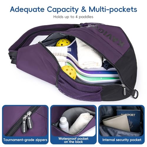 KAVIGOR Pickleball Sling Bag, Convertible Ultra-Light Backpack with Skin-Soft Fabric & Wet/Dry Pocket, Fits 4 Paddles + Gear - color: Dark Purple