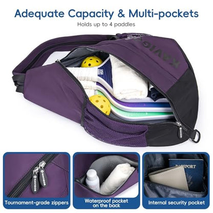 KAVIGOR Pickleball Sling Bag, Convertible Ultra-Light Backpack with Skin-Soft Fabric & Wet/Dry Pocket, Fits 4 Paddles + Gear - color: Dark Purple