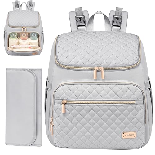 Weitars Diaper Bag Backpack Large Baby Diaper Bag with Changing Pad Travel Diaper Backpack,Baby Bag for Boys Girls,Stroller Straps,5 Insulated Pockets (Gray) - color: Gray