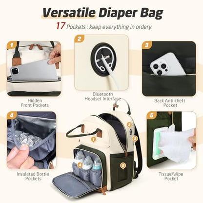 Diaper Bag Backpack - Extra Large Diaper Bag for 2 Kids Twin, Travel Baby Bags for Mom Dad 25-37L Expandable with Changing Pad Earphone Hole, Apricot Green - color: Green & Apricot