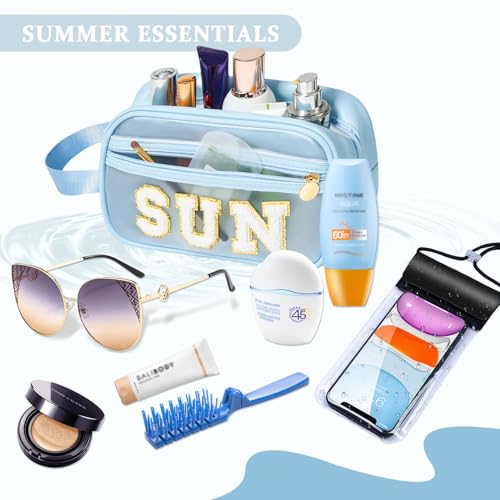 COSHAYSOO Clear Sunscreen Bag Makeup Toiletries Pouch Beach Vacation Essentials Summer Travel Stuff Accessories Personalized Graduation Gifts for Her Women College Teen Girls Teacher Nurse Blue SUN - color: Blue-SUN