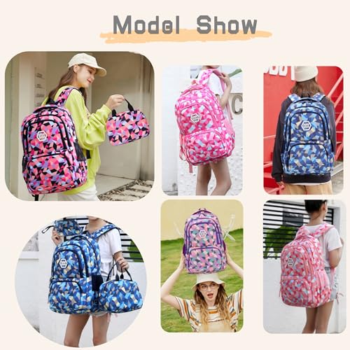 Bansusu 3Pcs Pink-a-3pcs Geometric Print Backpack and Lunch-Bag Set for Girls School Elementary Bookbags, 12.999.4418.89inch - color: 3pcs-pink-a, size: Small-A-3Pcs