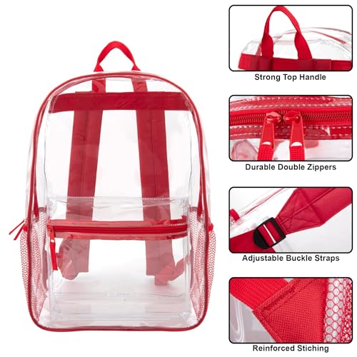 Trail maker Clear Backpack Heavy Duty with Padded Straps, Side Pockets for Kids, Boys, Girls, School, Stadium Approved Events - color: Red