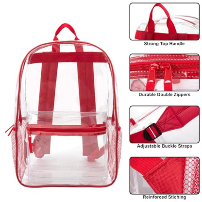 Trail maker Clear Backpack Heavy Duty with Padded Straps, Side Pockets for Kids, Boys, Girls, School, Stadium Approved Events - color: Red