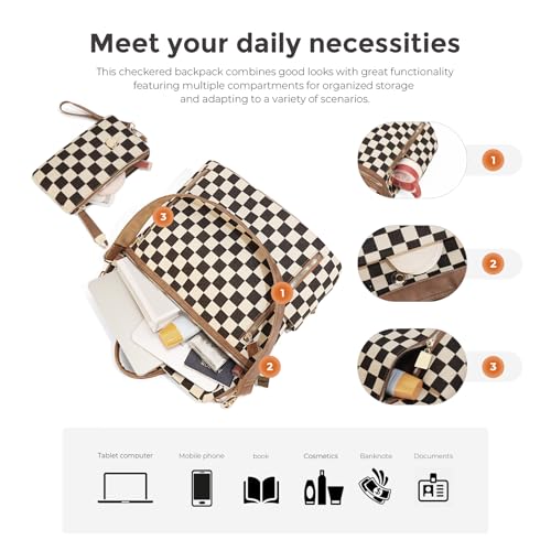 Checkered Backpack Purse - Checkered Bags for Women Plaid Backpack Handbags Back Pack Purse for Work (Brown) - color: B01-brown With Cherry