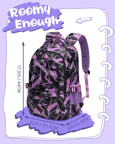 BLUEFAIRY Kids School Backpack for Boys Girls Ages 6-8 8-10 10-12 Elementary Middle School Book Bags with Laptop Compartment Mochilas Escolares para Niños Niñas de 8 10 12 Años (Purple, Geometric) - color: Purple