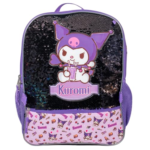 AI ACCESSORY INNOVATIONS Sanrio’s Kuromi 4 Piece Backpack Set, Hello Kitty Kawaii Flip Sequin Girls School Bag with Front Zip Pocket, 2 Side Mesh Pockets, Black & Purple - color: Kuromi