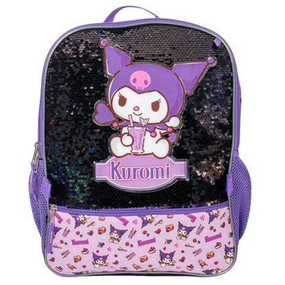 AI ACCESSORY INNOVATIONS Sanrio’s Kuromi 4 Piece Backpack Set, Hello Kitty Kawaii Flip Sequin Girls School Bag with Front Zip Pocket, 2 Side Mesh Pockets, Black & Purple - color: Kuromi