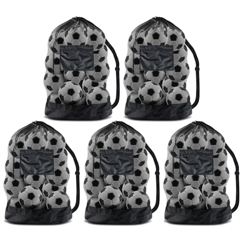 BROTOU Extra Large Soccer Ball Net Bag, 40" x 30" Drawstring Mesh Ball Bag with Zipper Pocket, Sports Equipment Bag for Gym, Cloth, Beach, Swimming Gears - color: Black-5pcs-Durable Upgraded