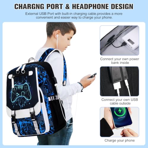 Bevalsa Backpack for Boys, Cool Luminous Boys Backpack with Sling Bag, Lunch Box & Pen Case, School Bags for Kids Children Teens Elementary Middle Schools, Bookbag Glow In The Dark (Blue Game) - color: Blue Game