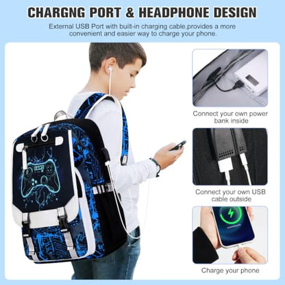 Bevalsa Backpack for Boys, Cool Luminous Boys Backpack with Sling Bag, Lunch Box & Pen Case, School Bags for Kids Children Teens Elementary Middle Schools, Bookbag Glow In The Dark (Blue Game) - color: Blue Game