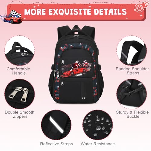 ACESAK Boys Backpack - 3PCS Cool Luminous Backpack for Boys School Backpacks for Kids Kindergarten Elementary Preschool Middle School Bags with Lunch Box Pencil Case Set (Racing Car) - color: Red Car