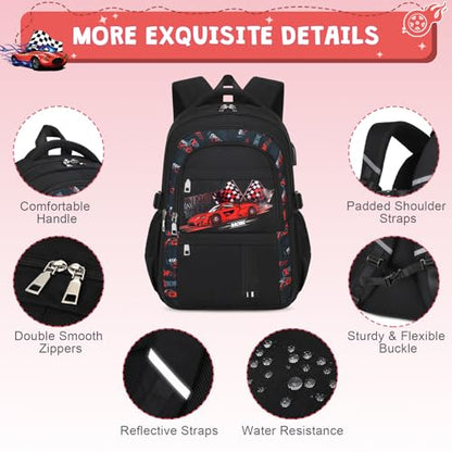 ACESAK Boys Backpack - 3PCS Cool Luminous Backpack for Boys School Backpacks for Kids Kindergarten Elementary Preschool Middle School Bags with Lunch Box Pencil Case Set (Racing Car) - color: Red Car
