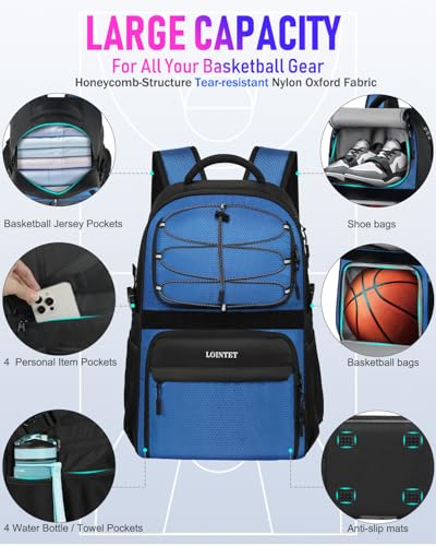LOINTET Basketball Bag Backpack with Ball Holder Shoes Compartment, Large Basketball Accessories Sports Bag - color: Blue