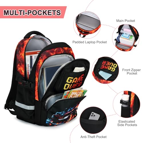 3PCS School Backpack for Boys, Cool Gamer Boys Backpack with Lunch Box and Pencil Case for Kids Kindergarten Teens Elementary Middle School Bag with Convenient Charging Port,Gaming Bookbag Waterproof - color: Red Flame Race Car