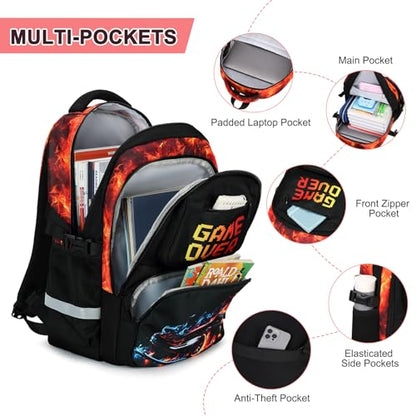 3PCS School Backpack for Boys, Cool Gamer Boys Backpack with Lunch Box and Pencil Case for Kids Kindergarten Teens Elementary Middle School Bag with Convenient Charging Port,Gaming Bookbag Waterproof - color: Red Flame Race Car