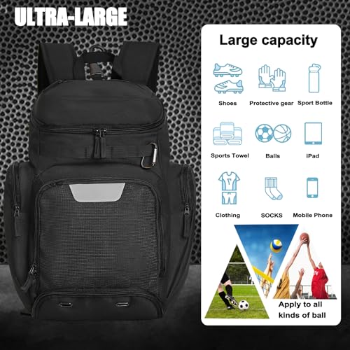 LARIPOP Basketball Backpack with Ball & Ventilated Shoe Compartment Insulated Pockets for Men Training - color: black