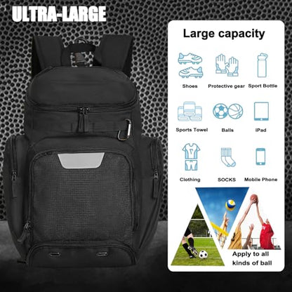 LARIPOP Basketball Backpack with Ball & Ventilated Shoe Compartment Insulated Pockets for Men Training - color: black