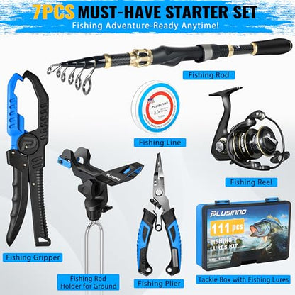 PLUSINNO Fishing Gear,Full Fishing Pole kit Include Fishing Rod and Reel Combo, Tackle Box with Fishing Lures, Fishing Accessories, Fishing Pliers,Fishing Gifts for Men with Fishing Tool Kit - style: Blue Fishing Combo With Bank Fishing Rod Holder