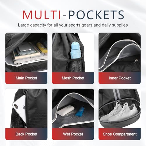 PinCute Drawstring Backpack for Women Men, Gym Bag for Soccer, Basketball, Swim, Beach, Water-Resistant Sports Backpack with Wet Pocket and Shoe Compartment, Black - color: Black