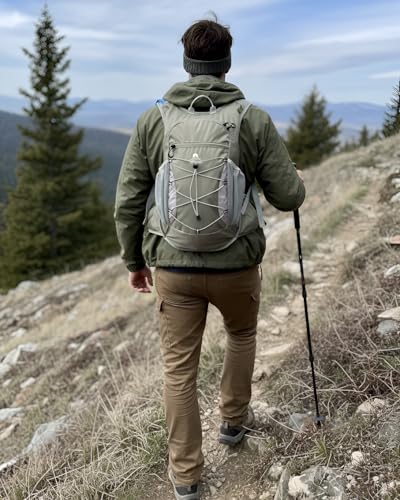 Hydration Backpack with 2L Water Bladder - Lightweight 15L Daypack with Phone-Sized Hip Belt Pockets, Anti-Chafe Cotton Edging & No-Bounce Straps - Small Water Backpack for Hiking, Running, Skiing - color: Light Grey