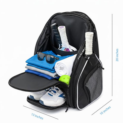 Personalized Pickleball Backpack - Large Pickle Ball Bag with Shoe Compartment, Fence Hook, Paddle Holder - Gifts for Men & Women - color: Black and White