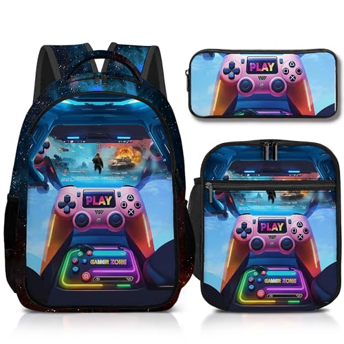 Boys Backpack with Lunch Box and Pencil Case, 3Pcs Gamer Backpack for Boys Teens, 17 Inch Large Capacity - color: Game-tkcz-5