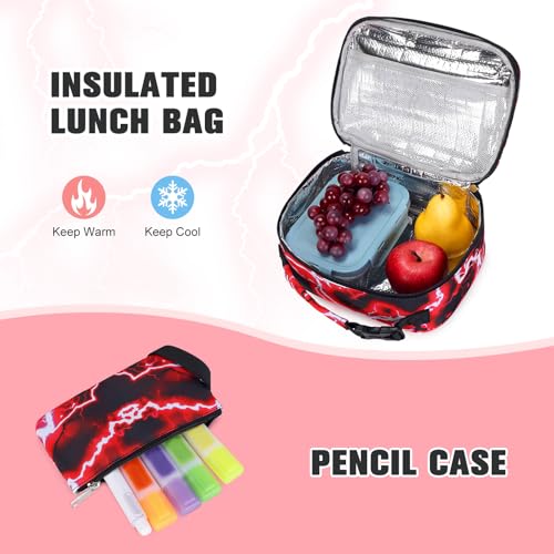 Bevalsa Backpack for Boys, Lightning School Bags with Lunch Bag & Pen Case for Kids, Bookbag for Boys Teens Elementary Middle High School - color: Red Game