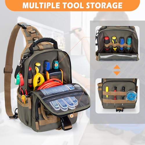 Electrician Tool Pouch Bag, Zippered HVAC Tool Organizer with Ergonomic Handle and Shoulder Strap for Maintenance Repair Technicians, Green (Patent Pending) - color: Green