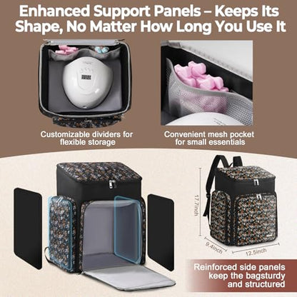 Floral Pattern Nail Polish Storage Backpack, Large Capacity Organizer Case with Multiple Compartments, Black
