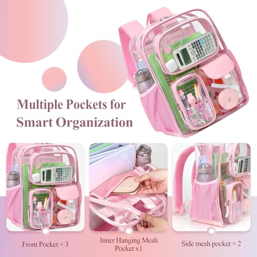 PACKISM Clear Backpack for School - 17 inch Large Heavy Duty Bookbag, Reinforced See Through PVC Transparent Backpack - color: Pu Straps Pink 3 Pockets, style: Daypack Backpacks
