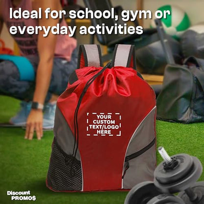 DISCOUNT PROMOS Custom Sporter Drawstring Backpacks Set of 6/12/24, Personalized Bulk Pack - Compact, Lightweight, Unisex Backpack - Red - color: - Custom - Red, size: 6/12/24