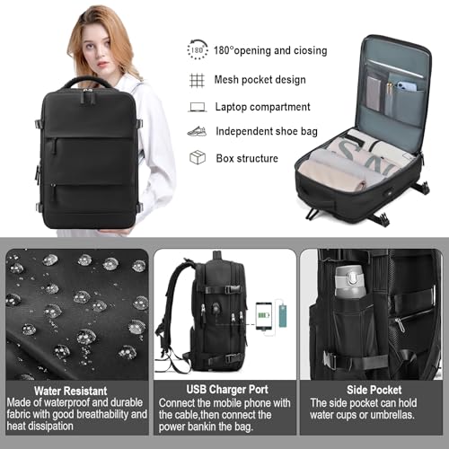 Somago Travel Unisex Backpack Carry On Casual Daypacks Rucksack Backpack Anti Theft for 15.6 Inch Laptop Business with Shoe Compartment Dry Wet Pocket USB Charger Port (Black) - color: Black