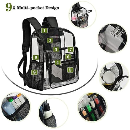 Clear Backpack for School Large Clear Bookbag with Multi-Pockets PVC Transparent Backpack for Boys Girls, Black - color: Black-1pack