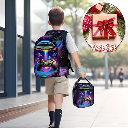 Boys Backpack with Lunch Box and Pencil Case, 3Pcs Gamer Backpack for Boys Teens, 17 Inch Large Capacity - color: GAME-TKCZ-2