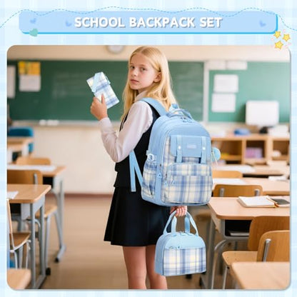 MUSEVOS Girls Backpack with Lunch Bag, Kindergarten Elementary Middle School Backpack, Large Capacity Kids Bookbag 3 Pcs Set (blue) - color: A-blue-3pcs Set