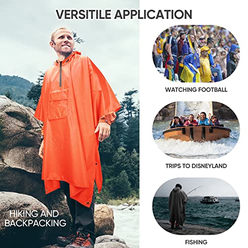 PTEROMY 3-in-1 Hooded Rain Poncho for Adult with Pocket, Waterproof Lightweight Unisex Raincoat for Hiking Camping Emergency - color: Orange 1/4 Zipper