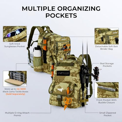 KastKing BaitSpace Fishing Tackle Backpack with Removable Bait Binder,2 Rod Holders Storage Fishing Gear and Equipment - color: H: Khaki Camo（without Tackle Box）