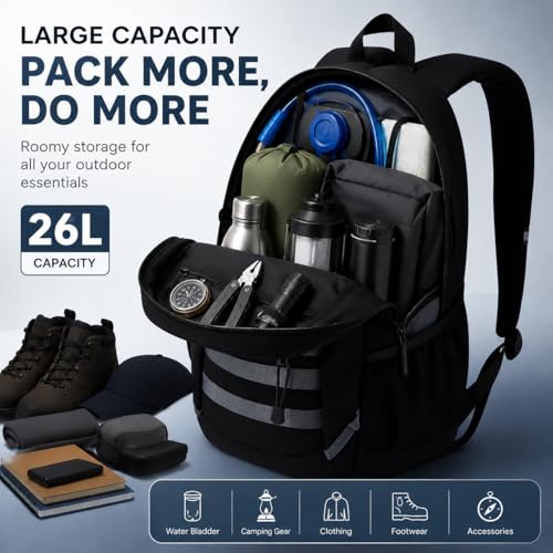 Hiking Travel Backpacks Men and Women, Lightweight Waterproof Laptop Backpack Outdoor Camping Backpack Hiking Daypack for Travel, Trekking, Work 26L (Black) - color: Black