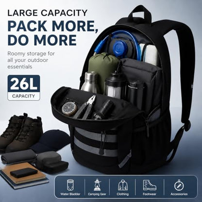Hiking Travel Backpacks Men and Women, Lightweight Waterproof Laptop Backpack Outdoor Camping Backpack Hiking Daypack for Travel, Trekking, Work 26L (Black) - color: Black