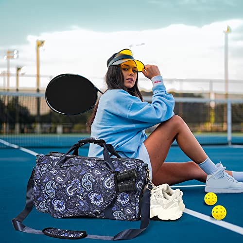 Boulder Bee Pickleball Bags, Premium Pickleball Tote Bag for Girls, Women’s Hand/Shoulder Gym Bag w Water Bottle Holder, with Pickleball Racquet/Paddle Holder - color: Duffel Bag-Blue cashew flower