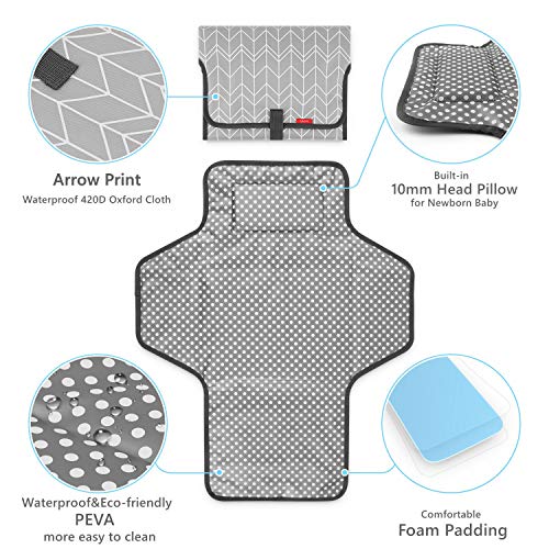 Portable Changing Pad for Baby, Waterproof Travel Changing Pads for Moms, Dads, with Built-in Pillow, Excellent Baby Shower, Registry Gifts - color: Grey Wave Print