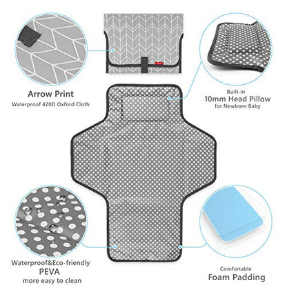 Portable Changing Pad for Baby, Waterproof Travel Changing Pads for Moms, Dads, with Built-in Pillow, Excellent Baby Shower, Registry Gifts - color: Grey Wave Print