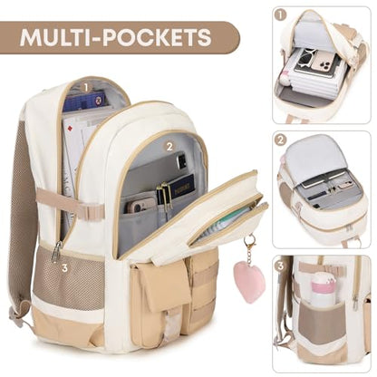 3PCS Student Backpack For School Women College Middle High Teen Girls Bookbag Waterproof Laptop Bag Beige Khaki - color: Beige Khaki