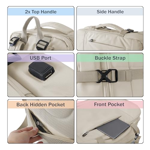 Travel Backpack, Expandable Large Capacity Business Work, Water Repellent Carry On Daypack with USB Charging Port, Fit 17 Inch Laptop, Bag for Men and Women, Beige - color: Beige