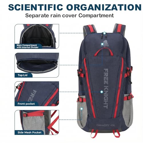 Bseash 45L Waterproof Hiking Camping Backpack with Rain Cover, Outdoor Sport Travel Bag Daypack for Climbing Skiing Cycling (Navy Blue) - color: Navy Blue