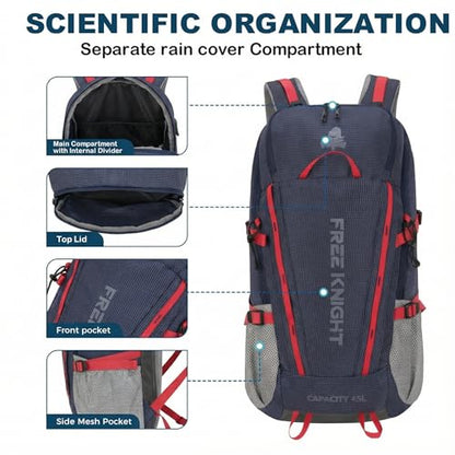 Bseash 45L Waterproof Hiking Camping Backpack with Rain Cover, Outdoor Sport Travel Bag Daypack for Climbing Skiing Cycling (Navy Blue) - color: Navy Blue