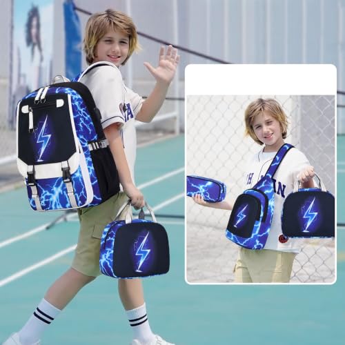 Bevalsa Backpack for Boys, Cool Luminous Boys Backpack with Sling Bag, Lunch Box & Pen Case, School Bags for Kids Children Teens Elementary Middle Schools, Bookbag Glow In The Dark (Lightning) - color: Blue Lightning