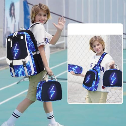 Bevalsa Backpack for Boys, Cool Luminous Boys Backpack with Sling Bag, Lunch Box & Pen Case, School Bags for Kids Children Teens Elementary Middle Schools, Bookbag Glow In The Dark (Lightning) - color: Blue Lightning